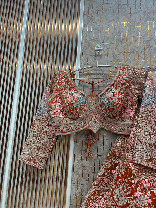 Rust Orange Peacock Crop Top Lehenga