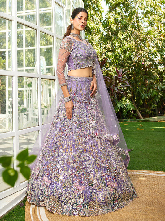 Purple lilac Net Heavy Embroidered Multi-Color Sequins Work Using Zarkan & Mirror Lehenga