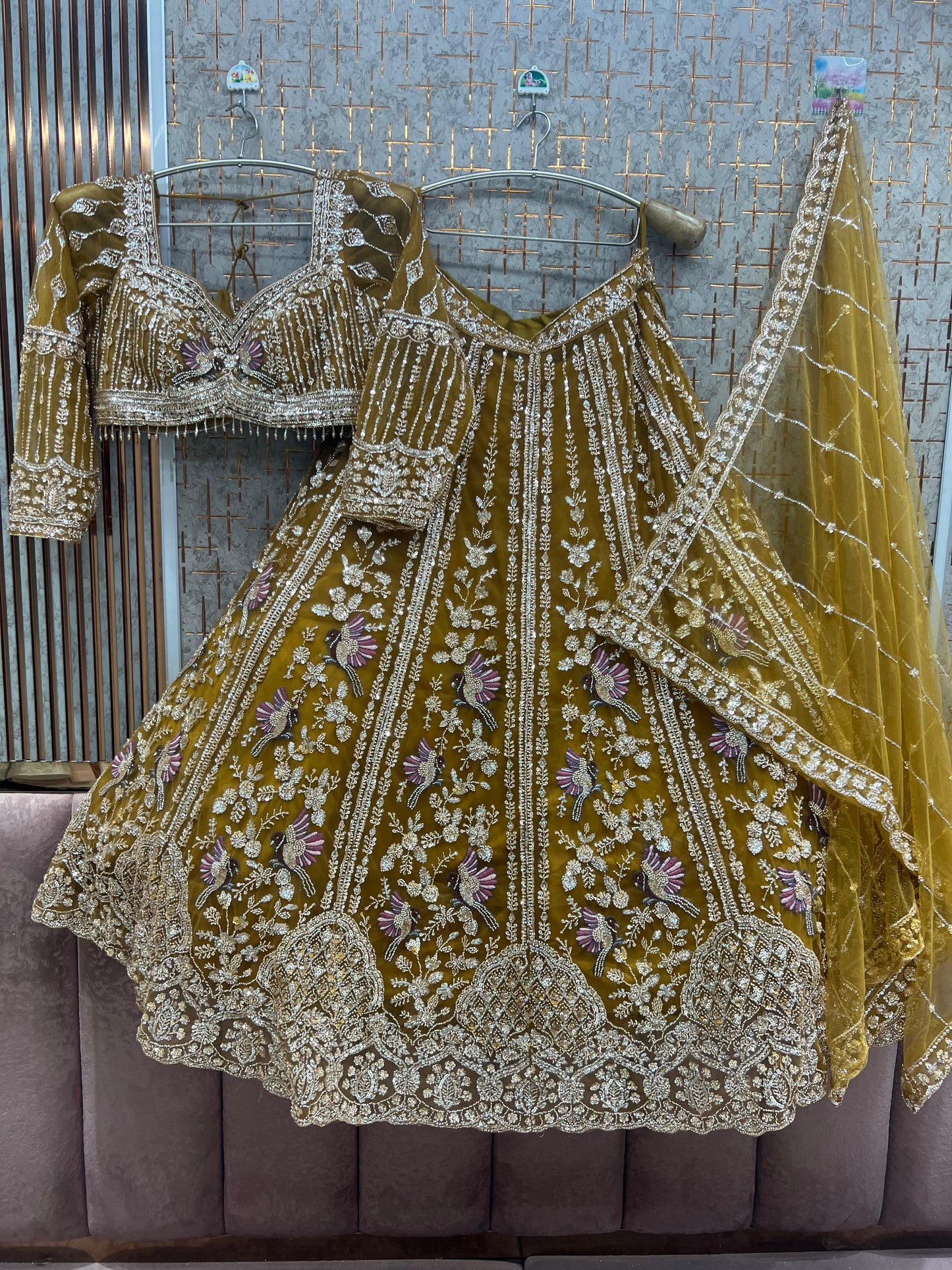 Yellow Haldi Mehendi Peacock crop top Lehenga