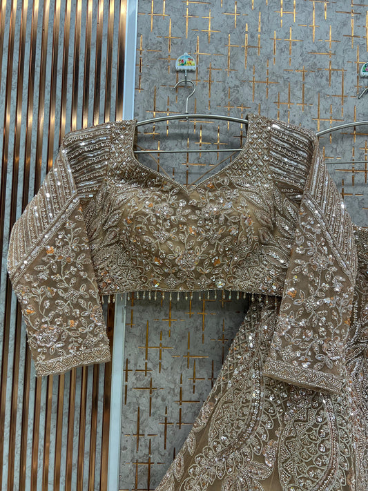 Beige Golden Peacock Crop top Lehenga - Shopping World