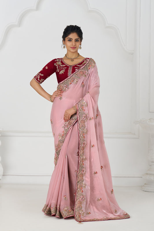 Pink Silk Saree Zari Sequins Rich Fendi 13