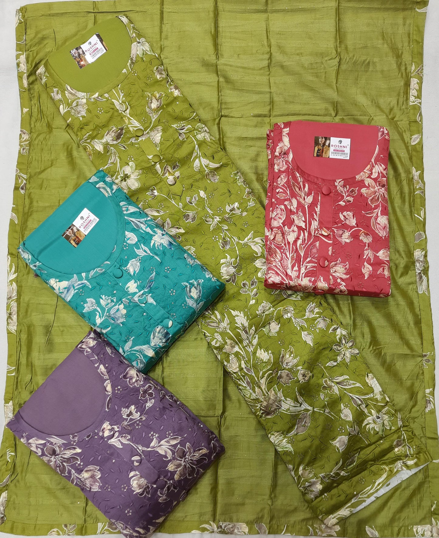 Embellished green pink blue unstitched salwar suit dress material (free size)