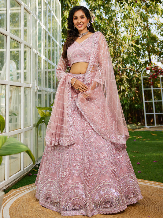 Heavy Pink Embroidered Using Sequins, Zarkan and White Beads Net Semi-Stitched Lehenga