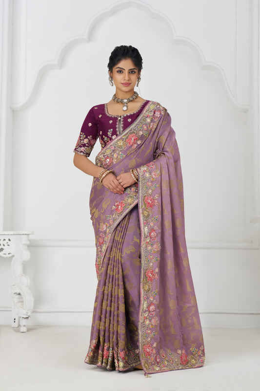 Khoobsurat mauve Saree 112 Bloom in Style:  Mauve with Vibrant Thread Work & Floral Motifs