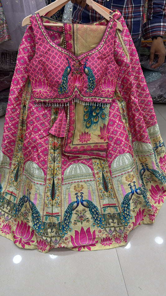 Pink Yellow Blue Double Shade Crop Top Lehenga