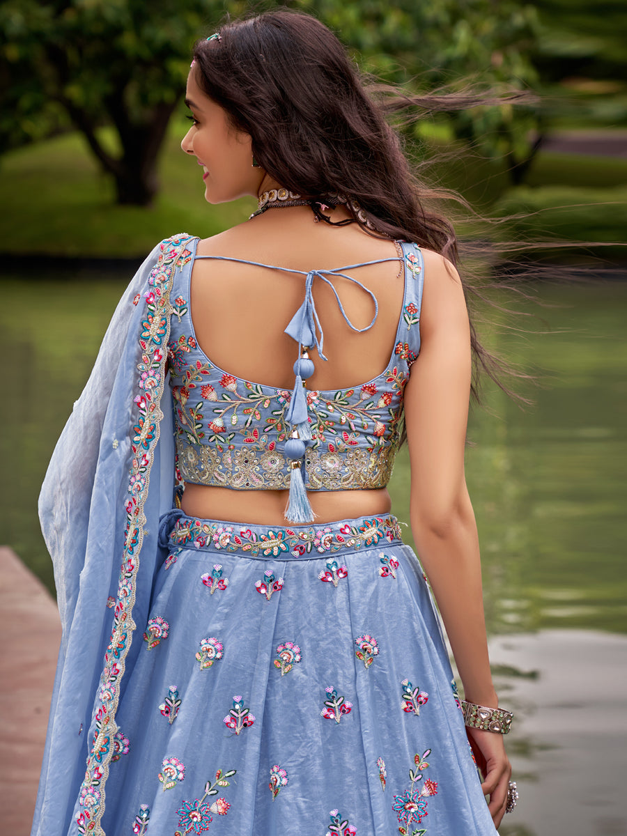 Multi-Color Sequined & Multi-Color Thread Mirror Embroidered Organza Lehenga