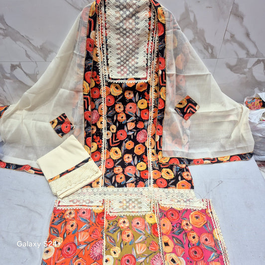 Delightful multicolour white suit dress material(free size)