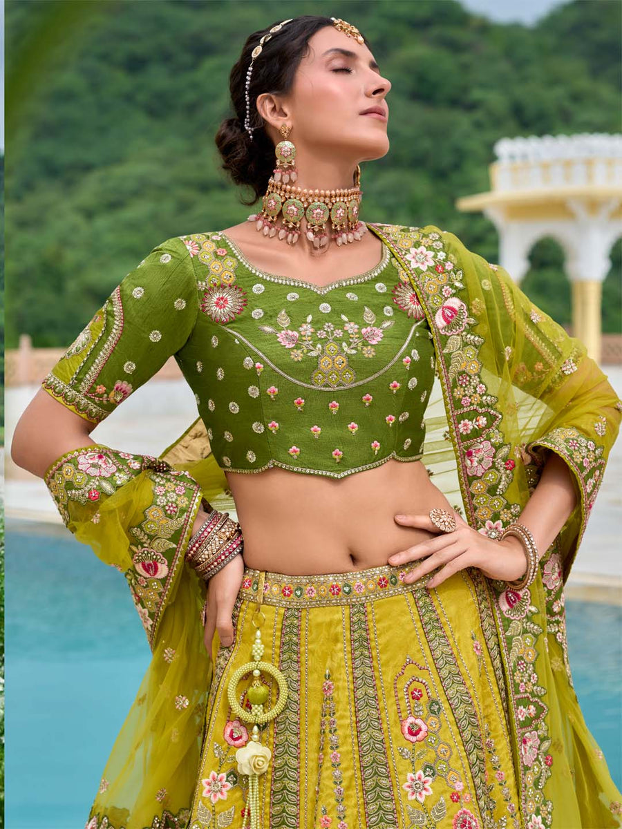 Mehendi-Green Shaded Heavy Designer Embroidered Patchwork Silk Semi Stitched lehenga
