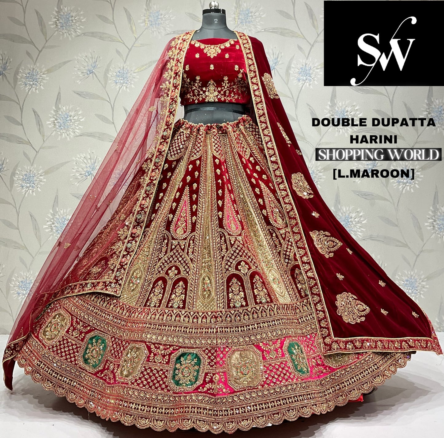 Designer dark maroon Velvet bridal Lehenga