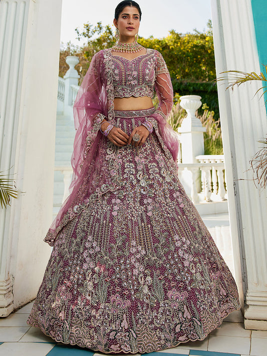 Pink Net Heavy Embroidered Multi-Color Sequins Work Using Zarkan & Mirror Lehenga