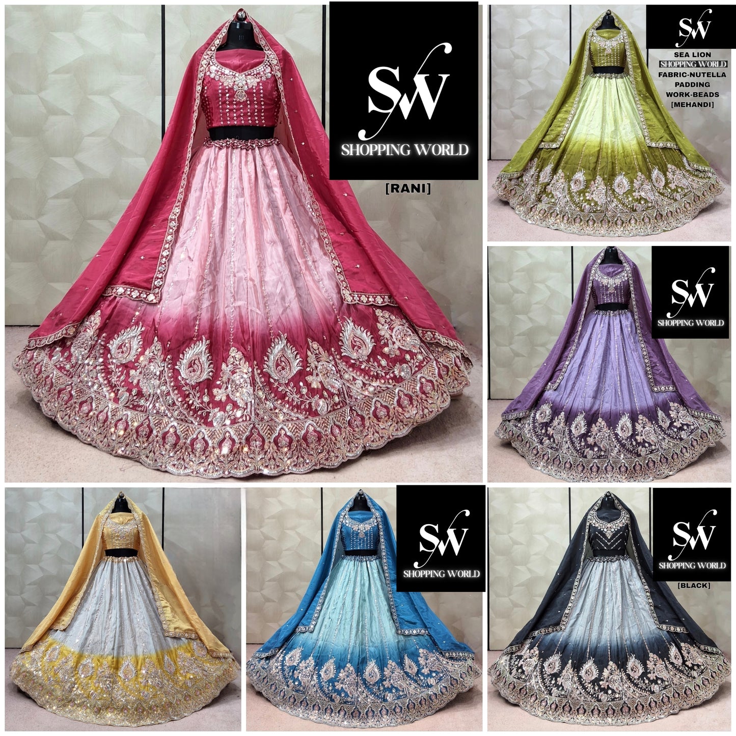 Rani Pink Mehendi Green Sky Blue purple Yellow Black Nutella Padding Lehenga