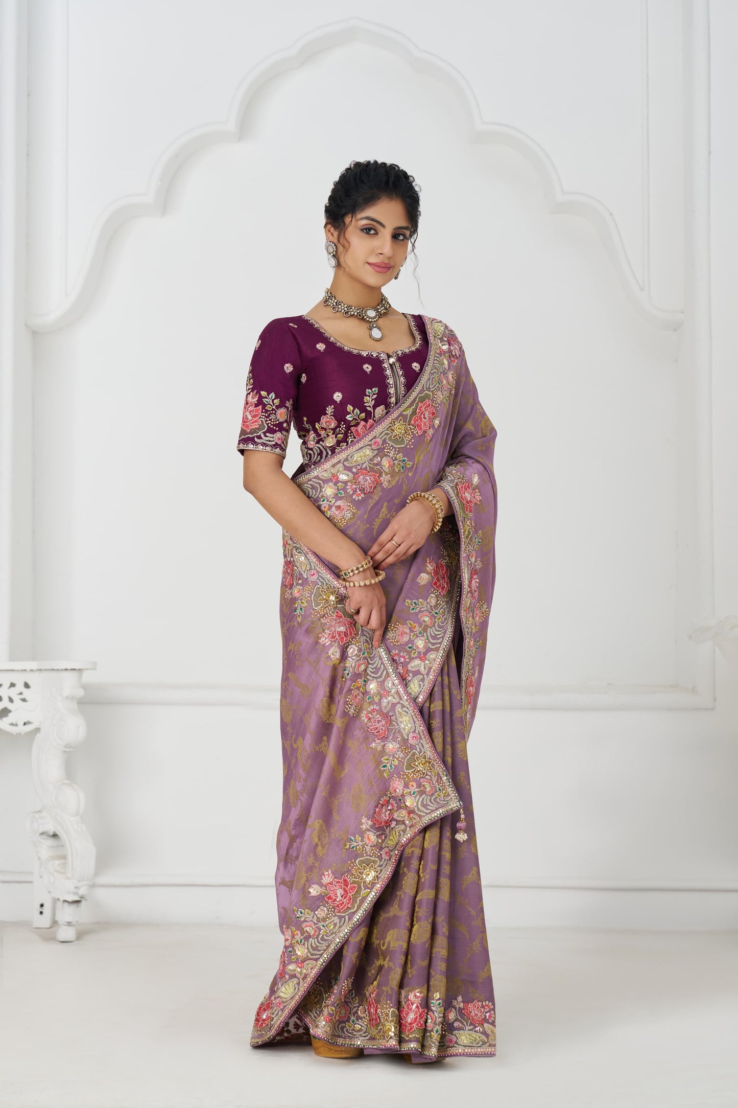 Khoobsurat mauve Saree 112 Bloom in Style: Mauve with Vibrant Thread Work & Floral Motifs