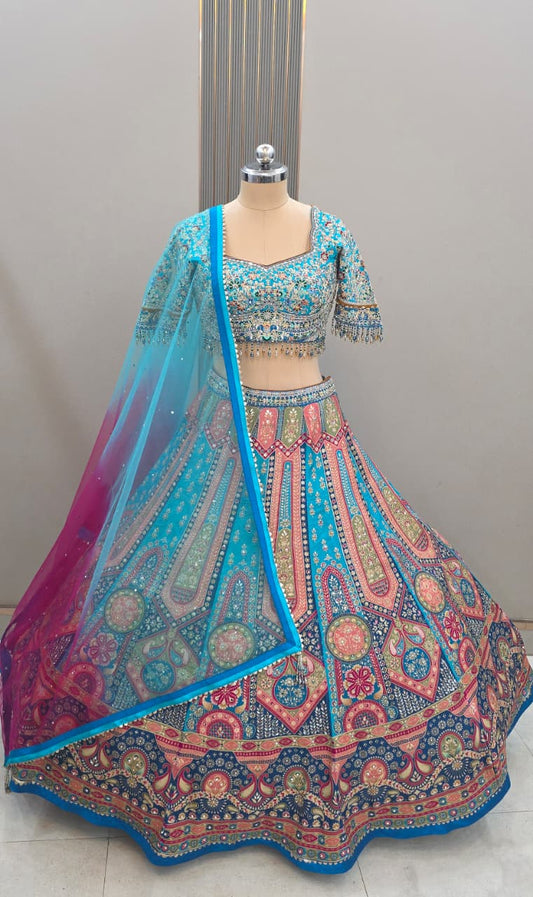 Something Different Multicolour Blue Jacquard Banarasi Crop Top Lehenga