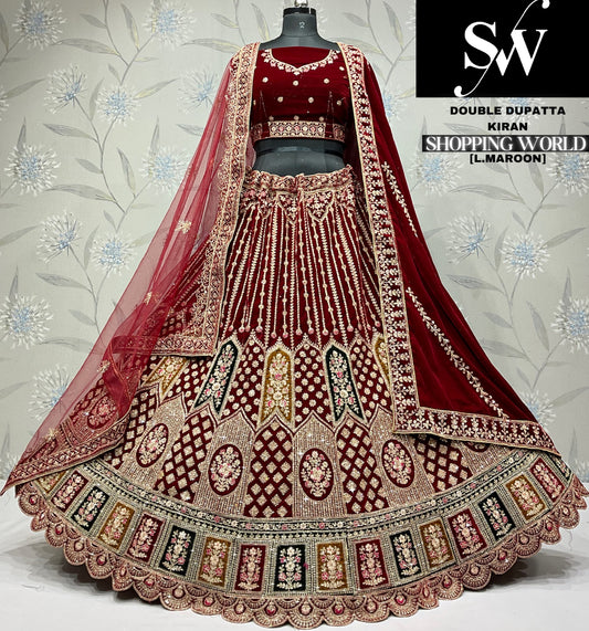 Fair dark maroon Velvet bridal Lehenga