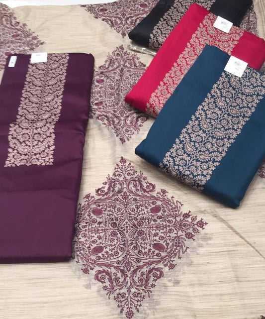 Embellished golden maroon pink Navy blue unstitched salwar suit dress material (free size)