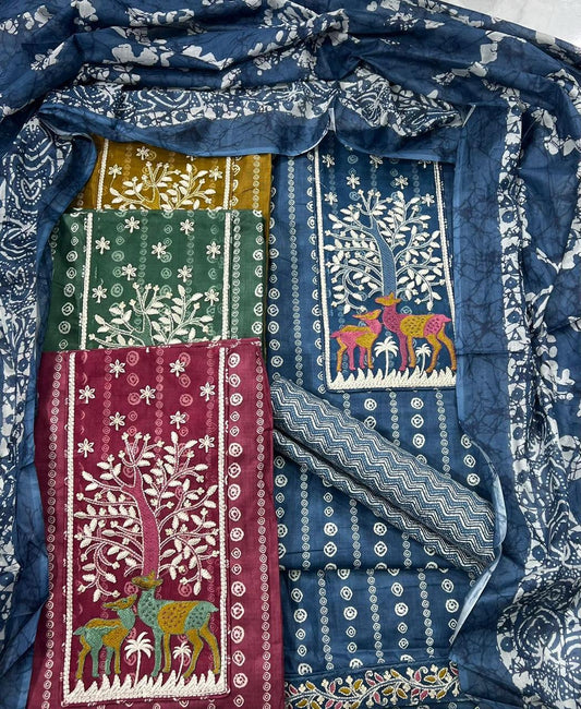 Engaging blue yellow green pink unstitched salwar suit dress material (free size)