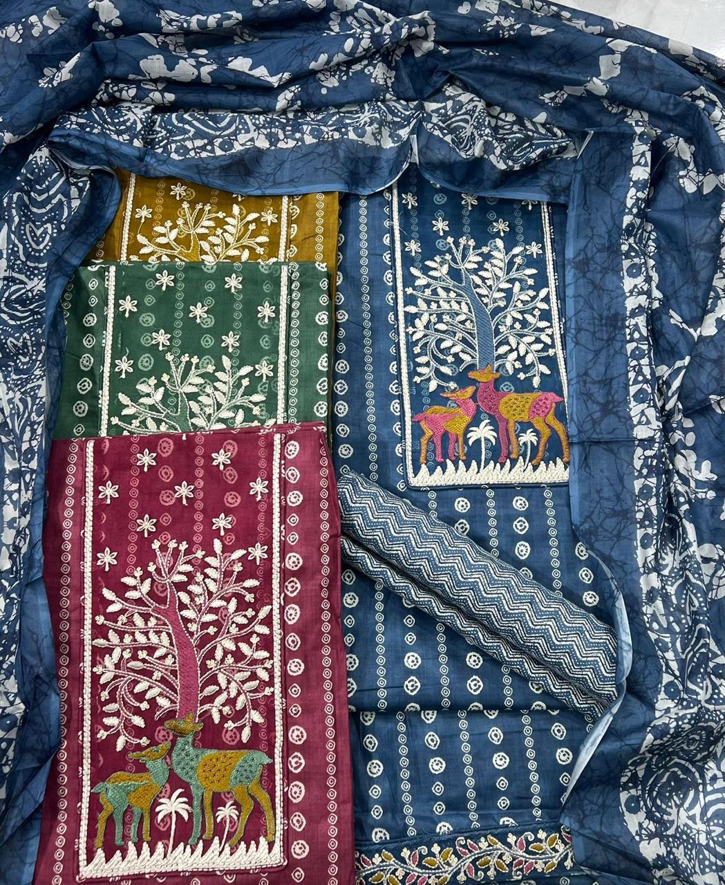 Engaging blue yellow green pink unstitched salwar suit dress material (free size)