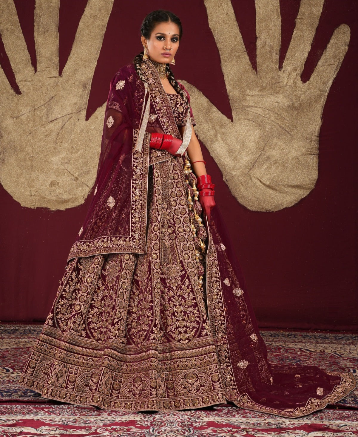 Glamorous maroon double duptta bridal lehenga