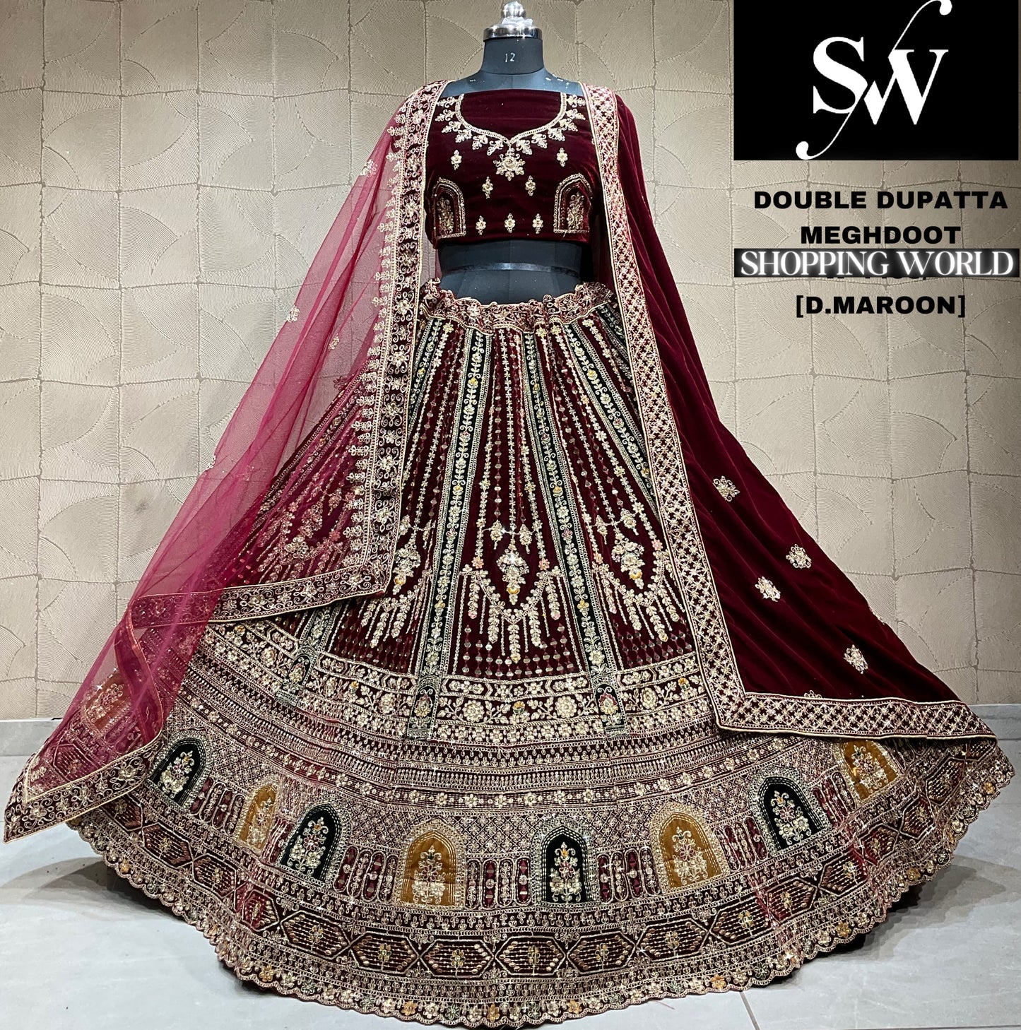 Something different maroon Velvet bridal Lehenga