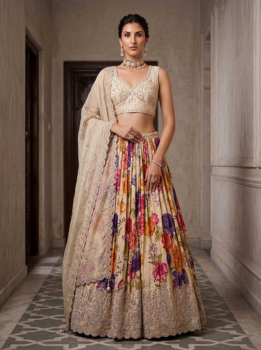Beige golden Tissue Fabric Bead Work Lehenga 1245