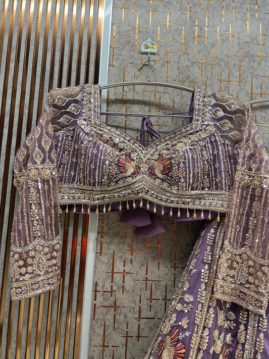 Lavender Peacock Crop Top Lehenga