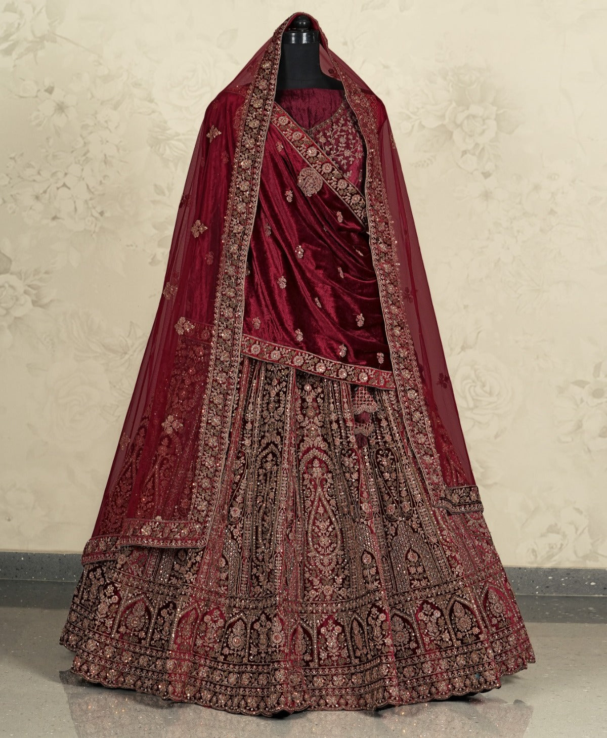 Charming maroon double duptta bridal lehenga