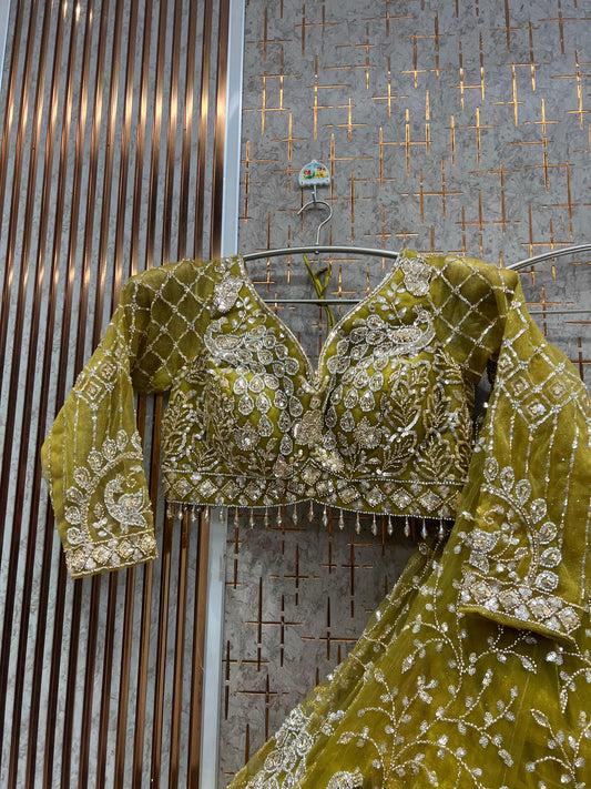 Yellow Haldi Mehendi Peacock Crop Top Ready to wear Lehenga