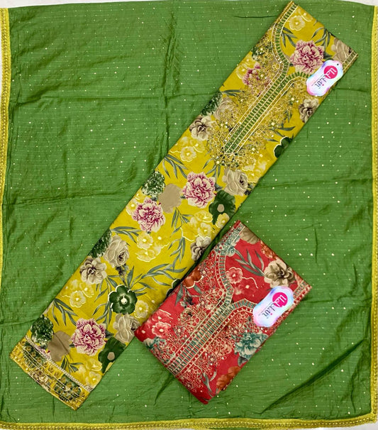 Elegant yellow green unstitched salwar suit dress material (free size)