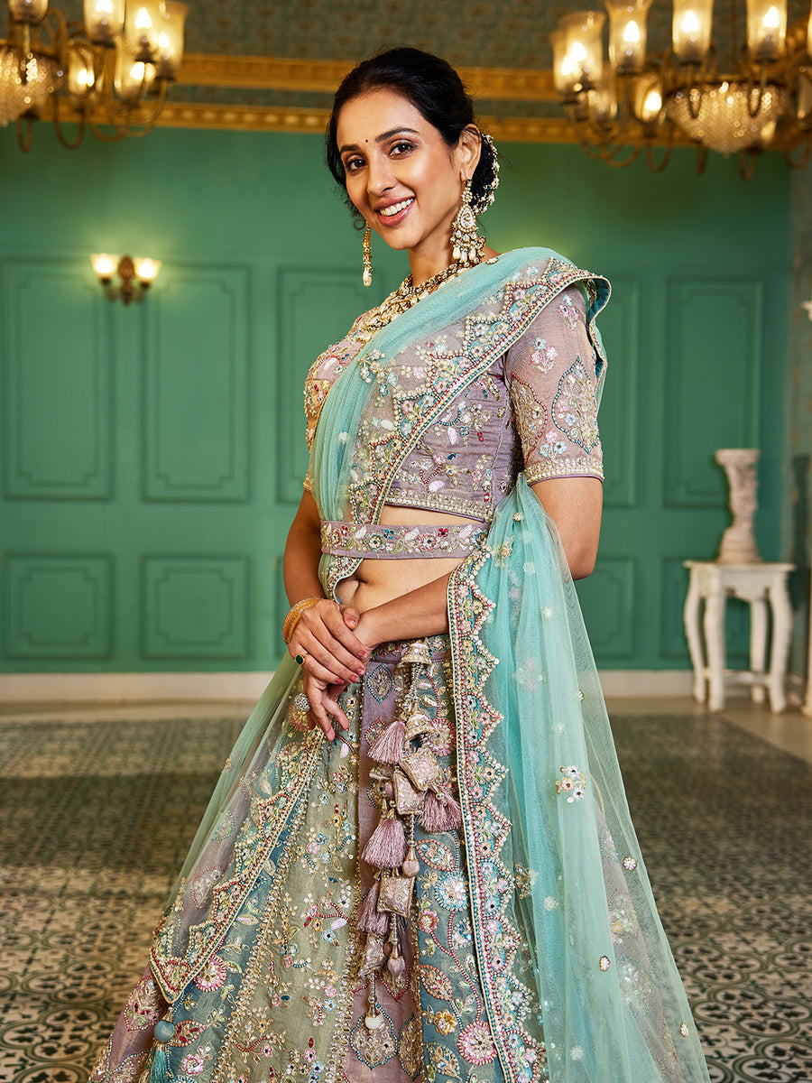 Multi-Color Bridal Net Gotta Patti,Sequins, Moti, Mirror Thread embroidery Lehenga
