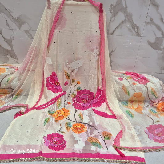 Awesome white pink suit dress material (free size)