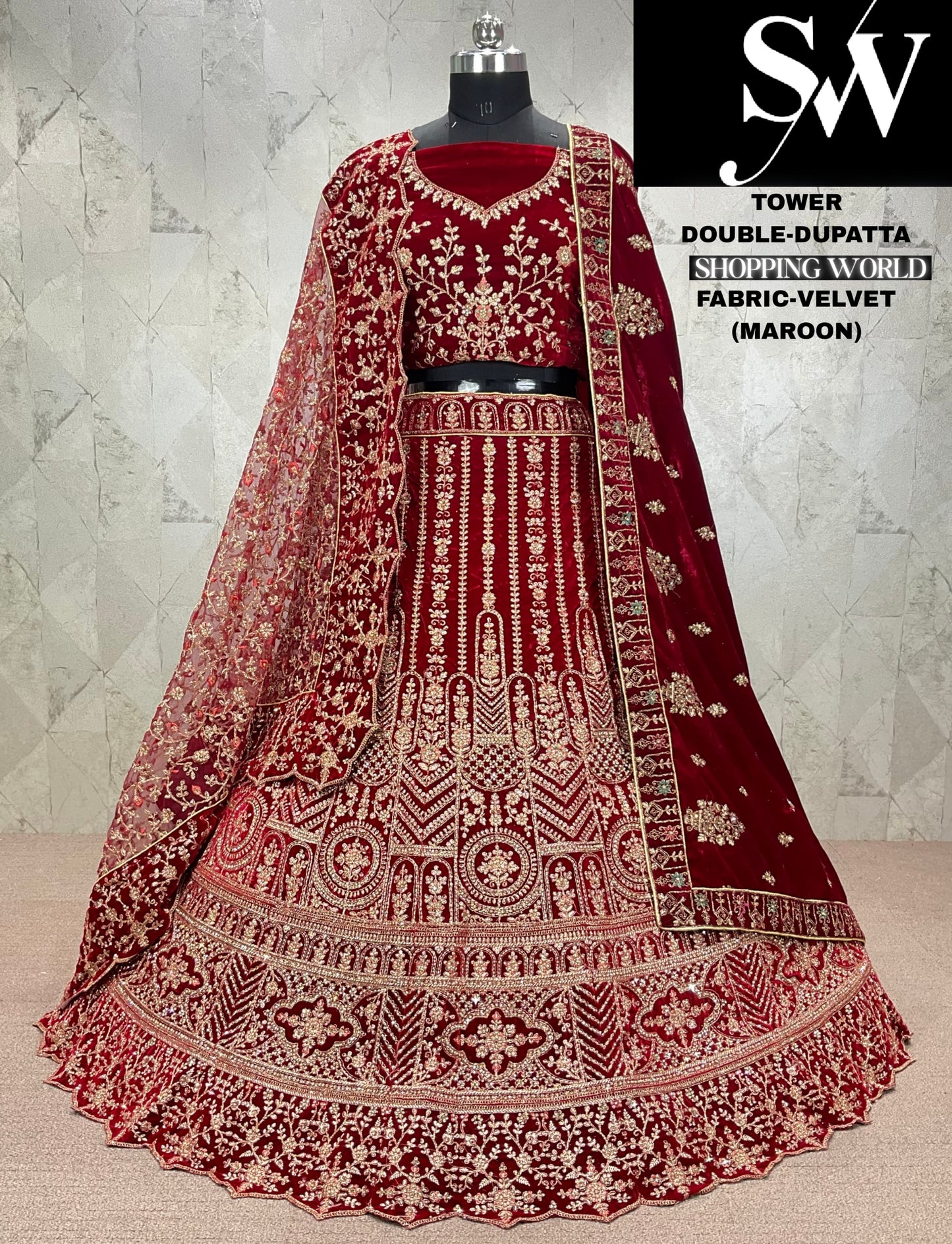 Glamorous dark maroon Velvet bridal Lehenga