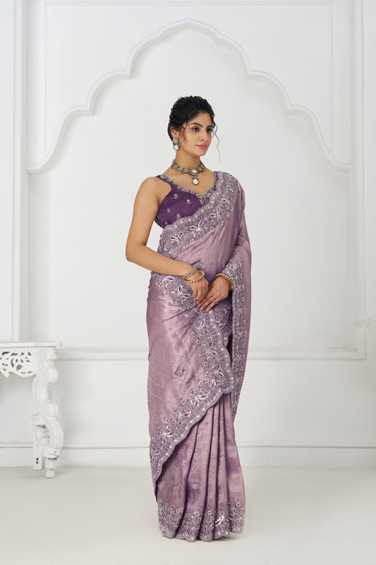 Astonishing mauve Saree 101 Pure Dola Viscouse Silk Saree with sequins and beads Embroidery for Festivals
