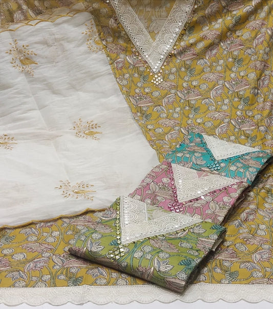 Fantastic mustard pink blue green suit dress material (free size)