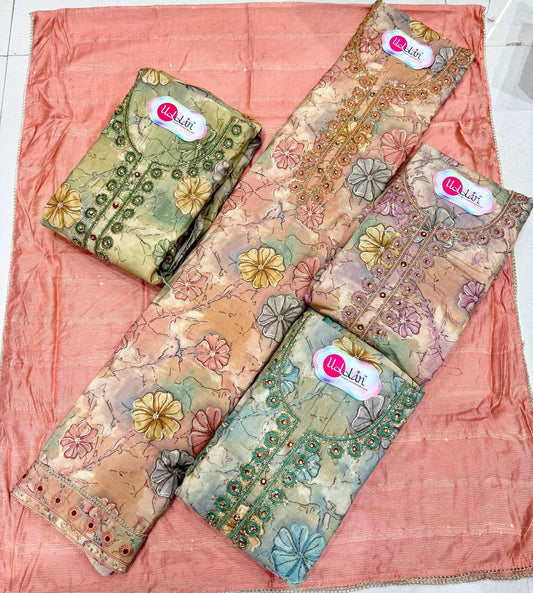 Fantastic peach green unstitched salwar suit dress material (free size)