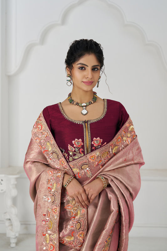 Lovely pink Saree 111 Prettt pink Color Saree with multi-thread and sequins embroidery for wedding