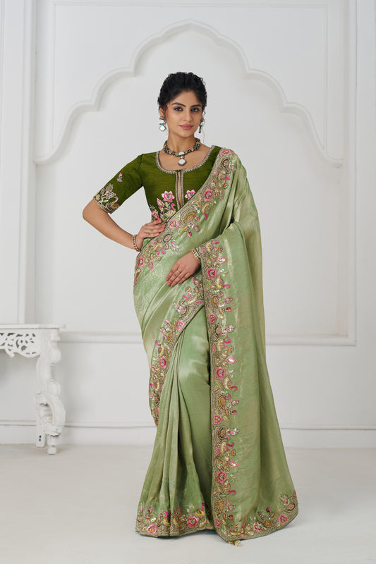 Pretty green mehendi Saree 111 Mehendi  Color Saree with multi-thread and sequins embroidery for wedding 111