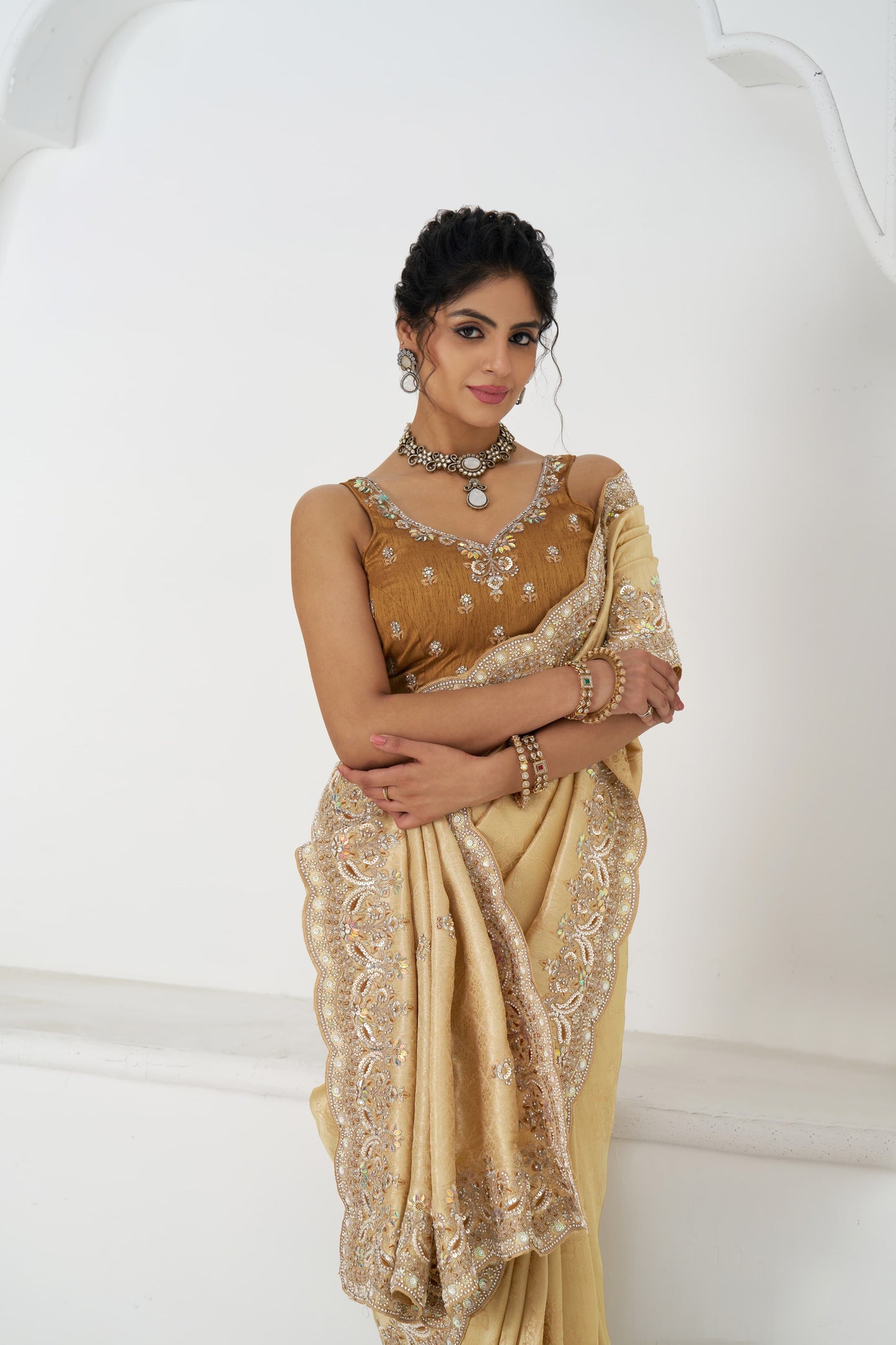 Awesome golden Saree 101 Trendy Golden Pure Dola Viscouse Silk Saree with sequins and beads Embroidery for Festivals
