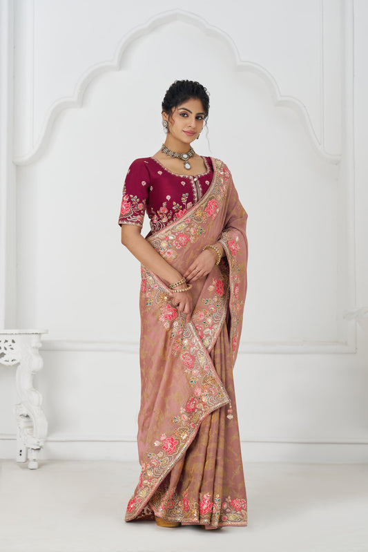 Majestic peach Saree 112 Pretty peach: Multicolor Embroidery with Blooming Floral Designs