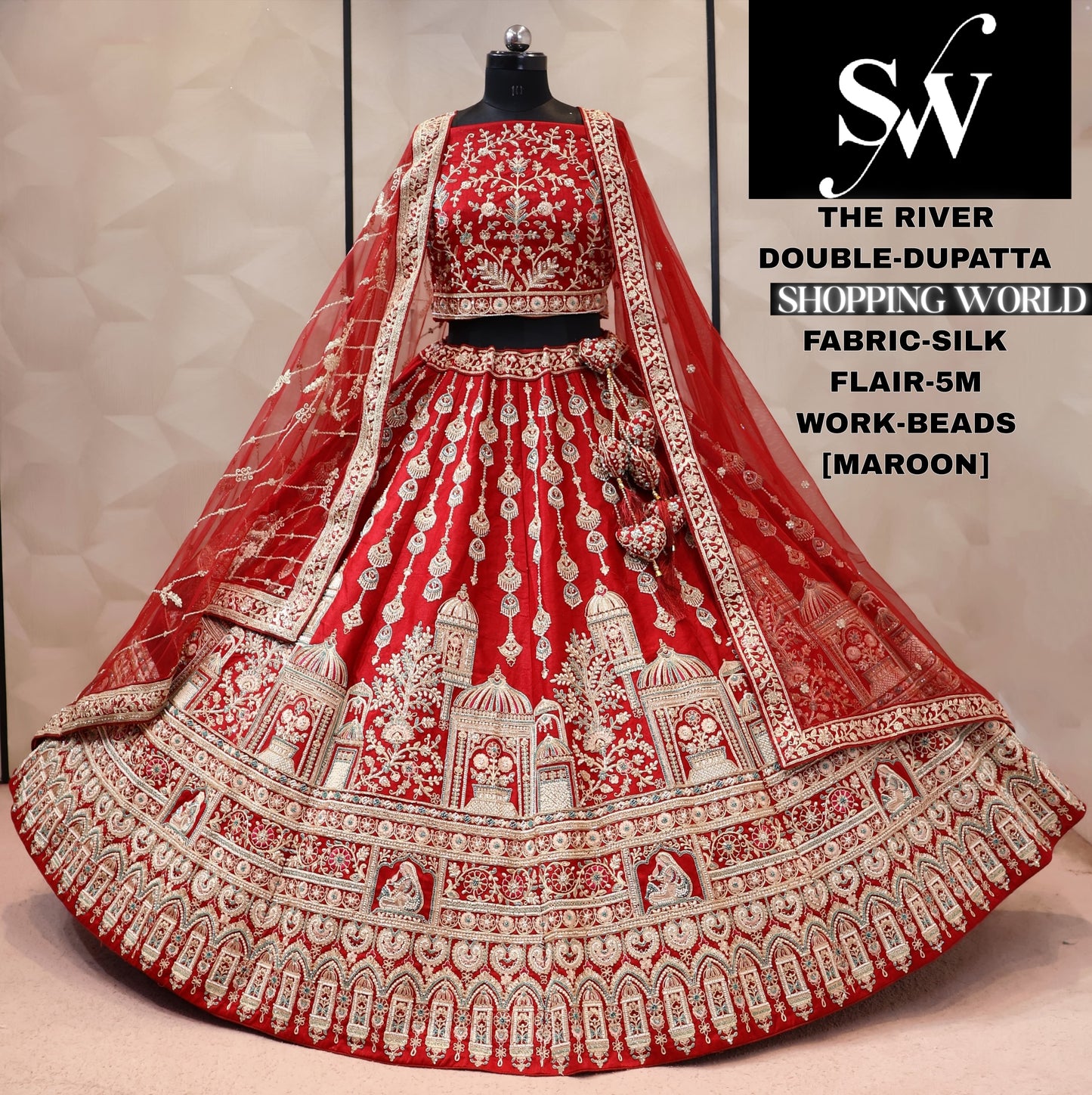Rani pink silk double dupatta bridal Lehenga