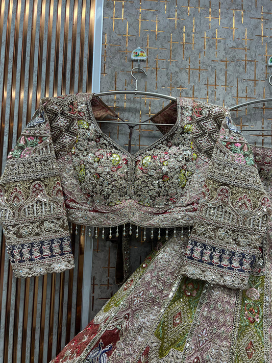 Awesome peach Mustard Double Duptta Crop Top Lehenga