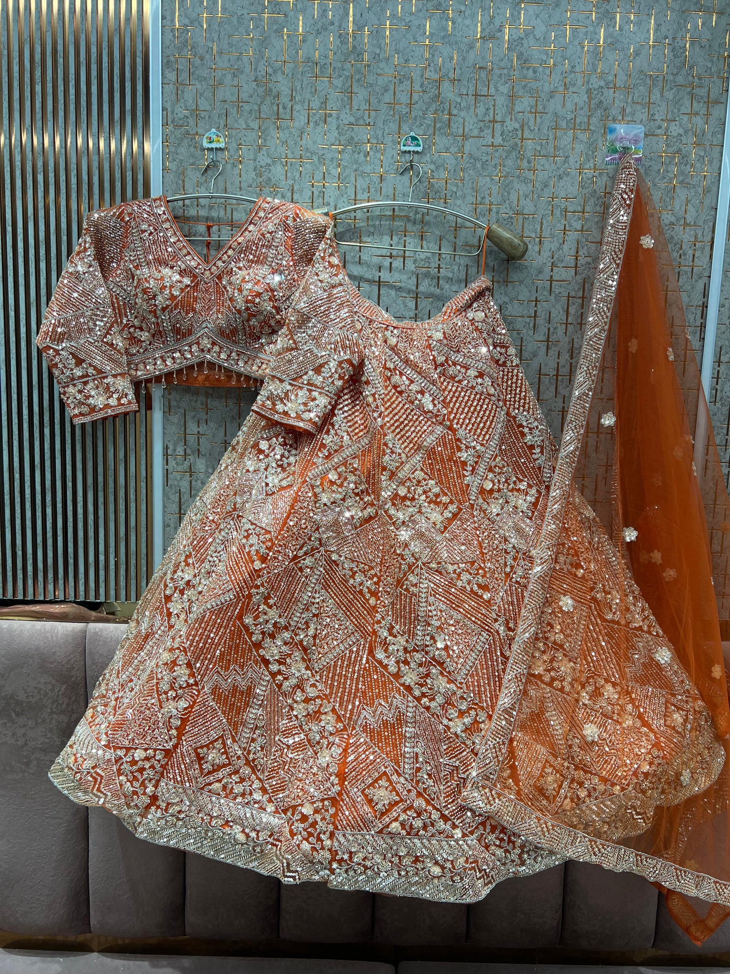 Charming Beige Golden crop top Lehenga