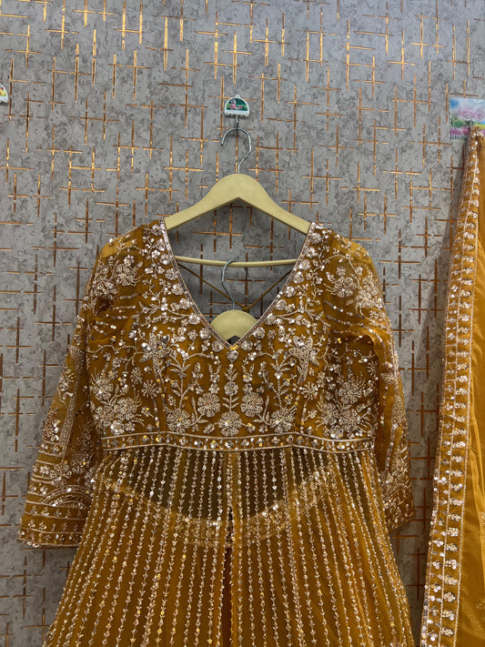 Mustard Yellow Haldi Mehendi Farshi garara muslim Bride Long Indo Dress