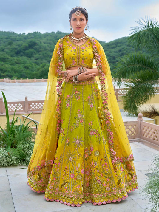 Yellow-Green Shaded Designer Embroidered Cut-Work Silk Semi Stitched Lehenga