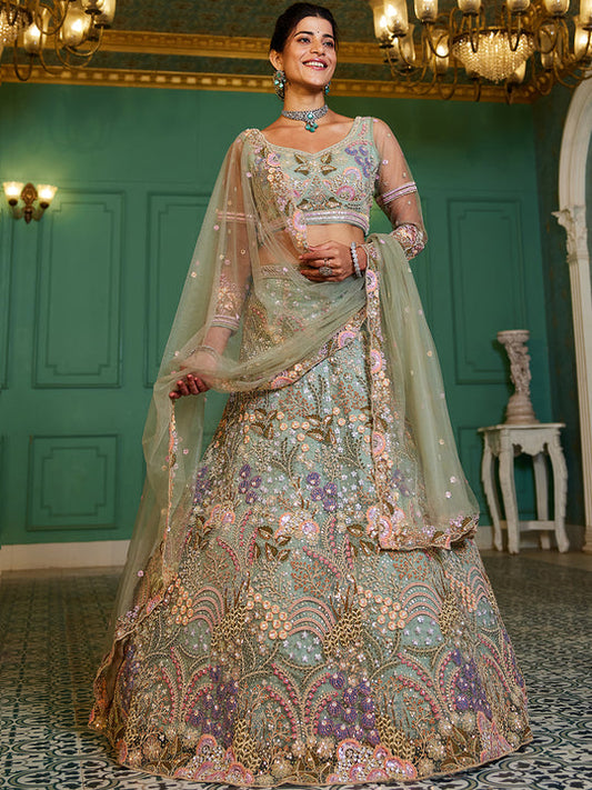 Green Multi-Color Sequins Work Heavy Floral Embroidered Using Zarkan & Mirror Lehenga