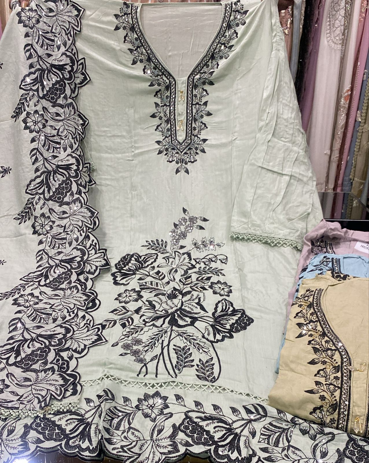 Embellished white unstitched salwar suit dress material (free size)