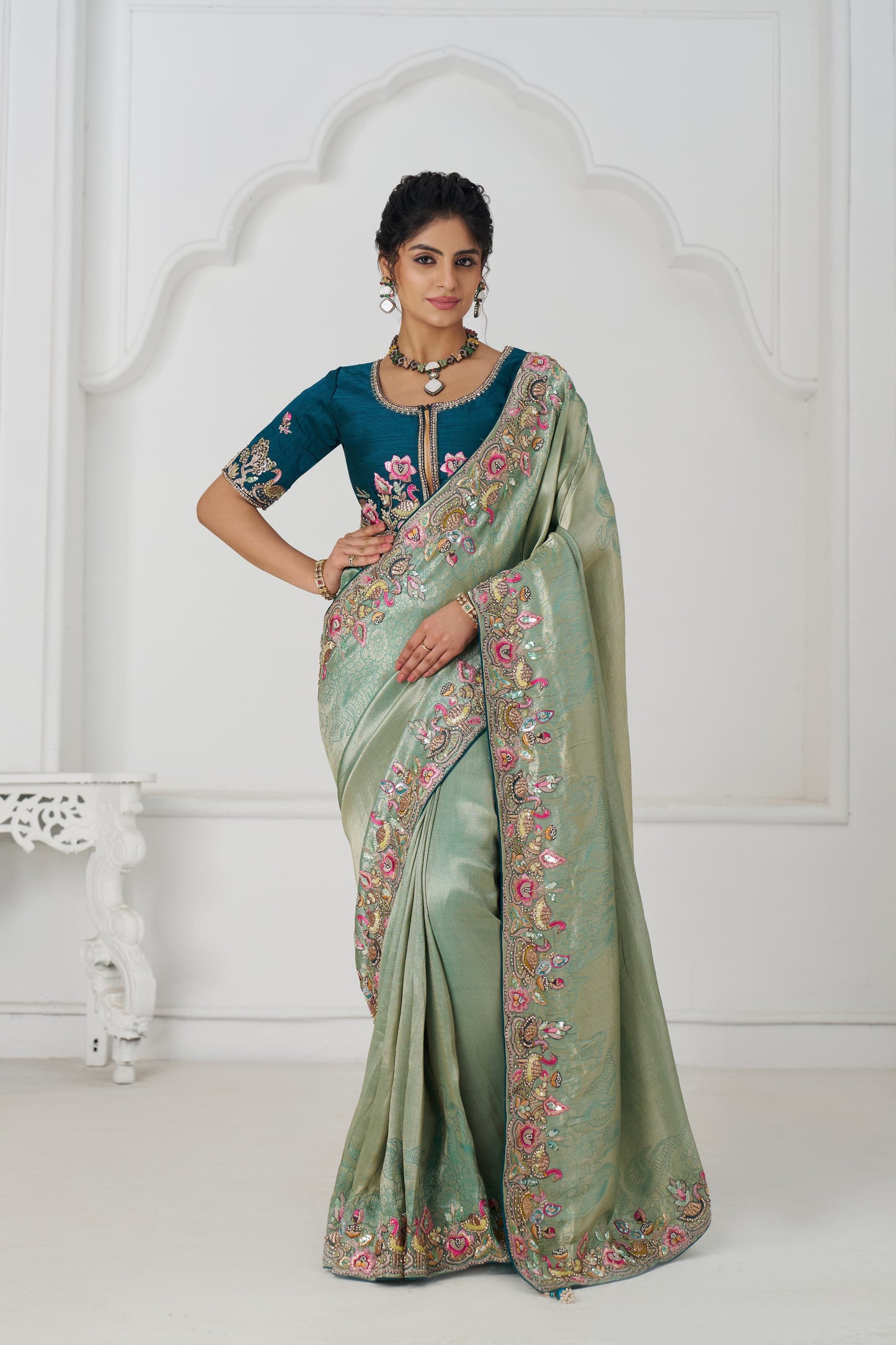 Trending Reception Green Color Saree with multi-thread embroidery 111