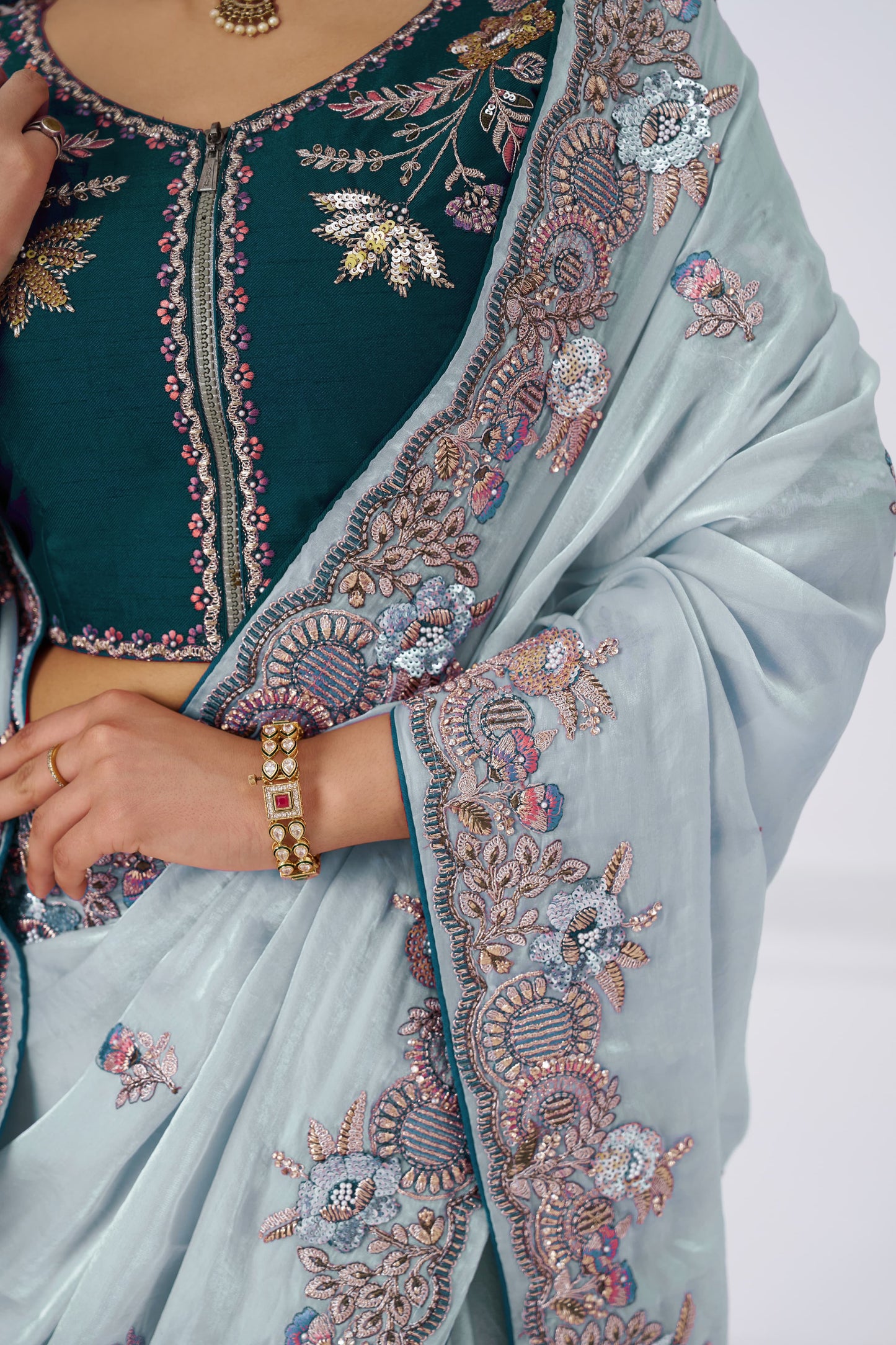 Graceful grey in Rich Silk Fendi Saree with Zari and Sparkling Sequins 13