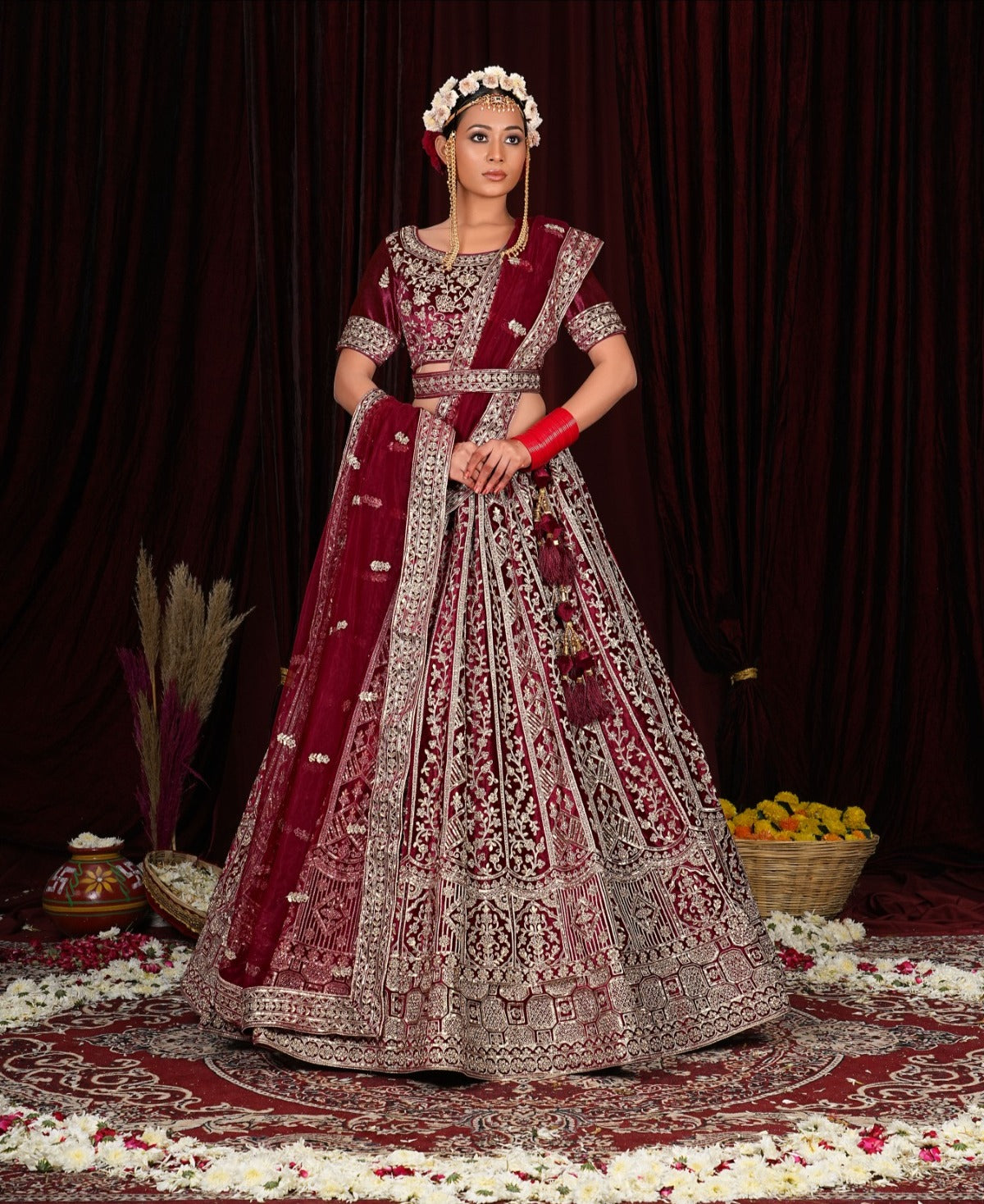 Elegant maroon double duptta bridal lehenga