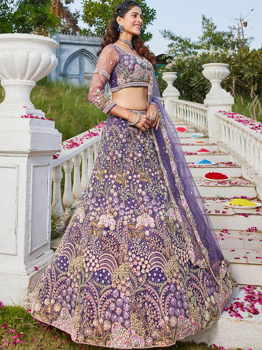 Lavender Multi-Color Sequins Work Heavy Floral Embroidered Using Zarkan & Mirror Lehenga