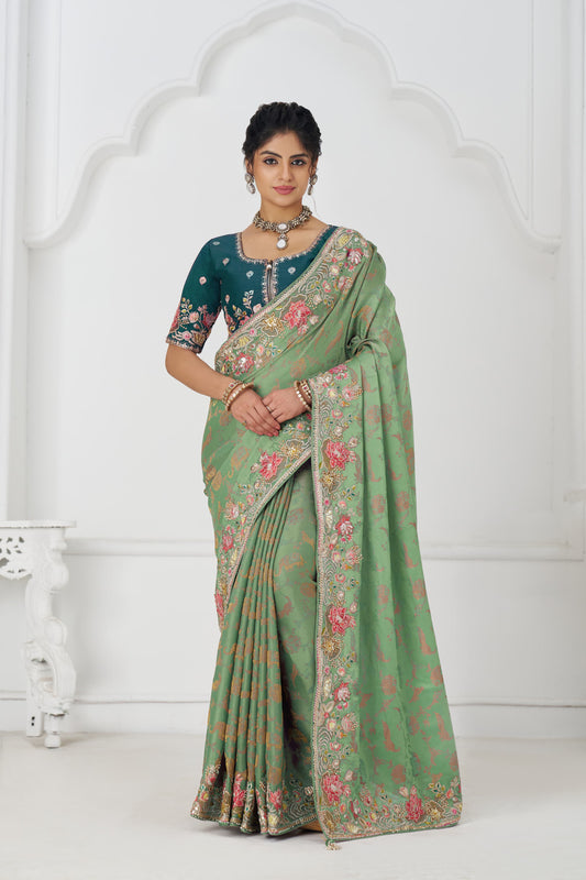 Beautiful green Saree 112 Grace in Green: Multi-Thread Embroidered Saree with Floral Elegance